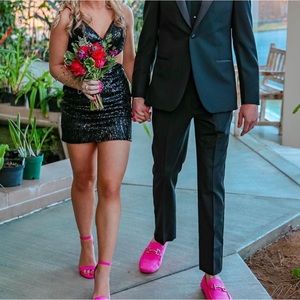 black, sparkly, short, beautiful formal dress